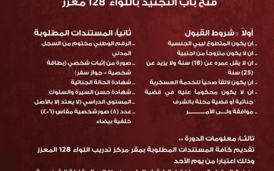 يعلن اللواء 128المعزز  عن فتح باب التجنيد باللواء وفقاً للشروط التالية